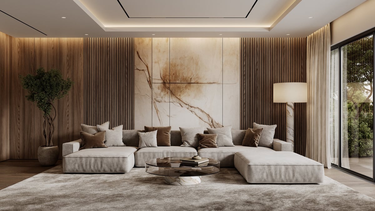 Contemporary interior with sofa, brown wood wall panels, plants, floor lamp, carpet, coffee table and decor