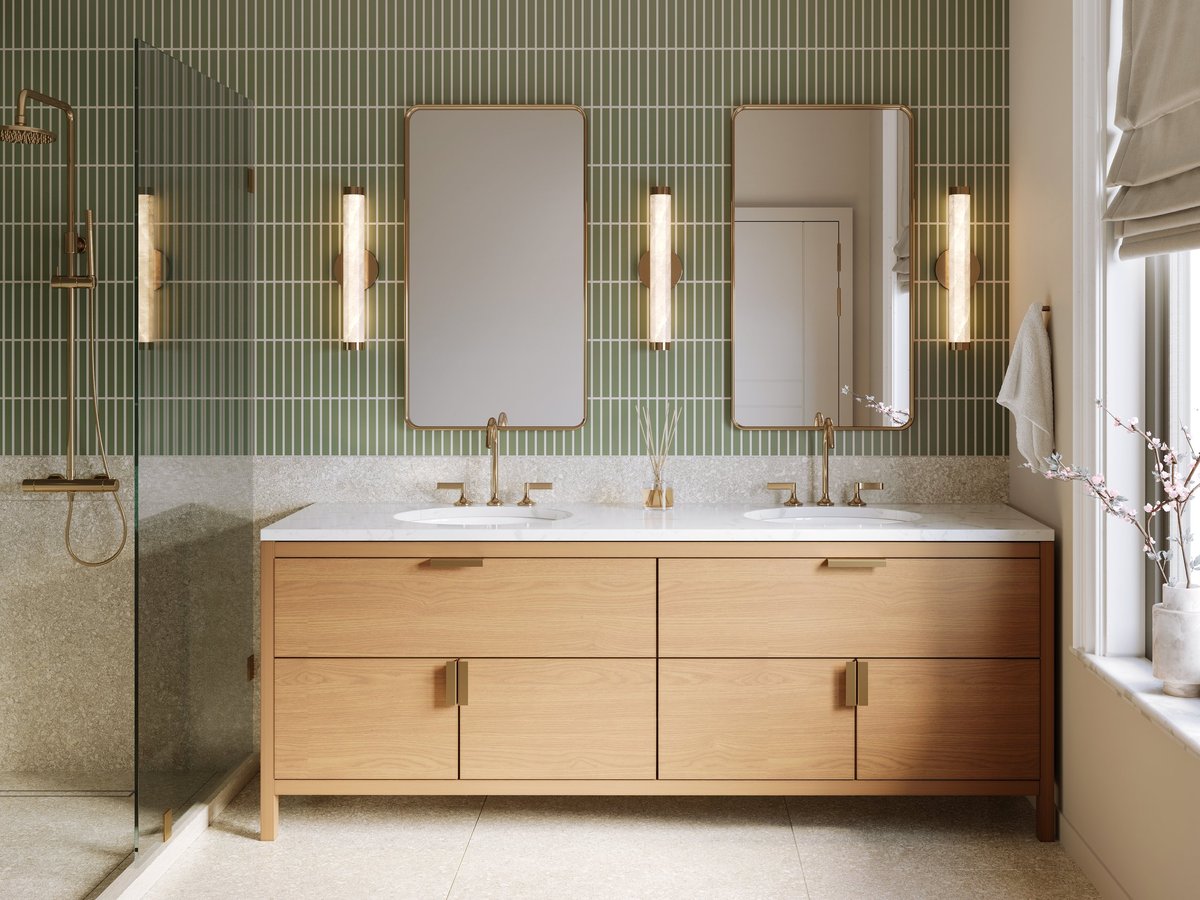 3d render - a modern bathroom with green wall tile and terrazzo wall and floor tile, brass plumbing fixtures, brass mirrors and marble countertop
