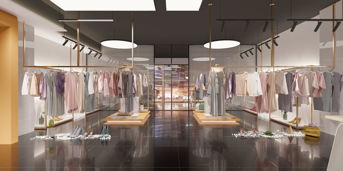 3D render of fashion retail shop interior with clean modern walls and bright welcoming atmosphere