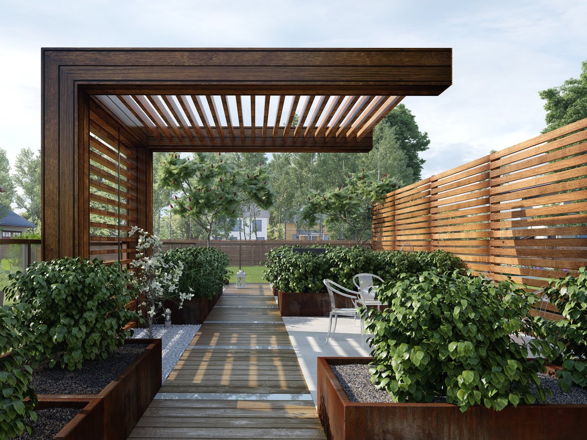 A 3D rendering of a modern outdoor terrace featuring a wooden pergola